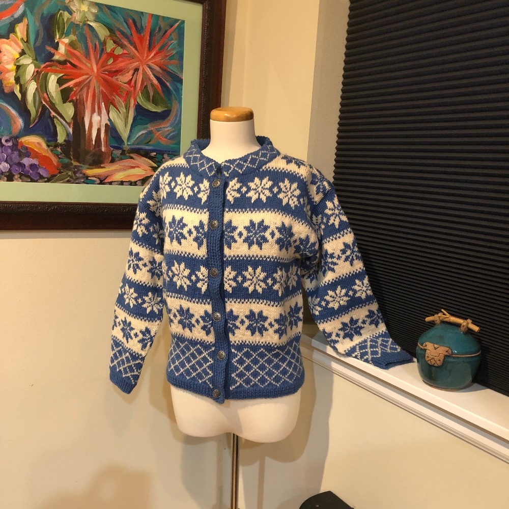 Blue & White Norwegian Snowflake Hand Knit Wool Cardigan Sweater / M - L